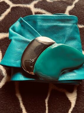 Vintage 80’s Leather Stamped Clara By Micha Belt With Gold Tone and Green Enamel